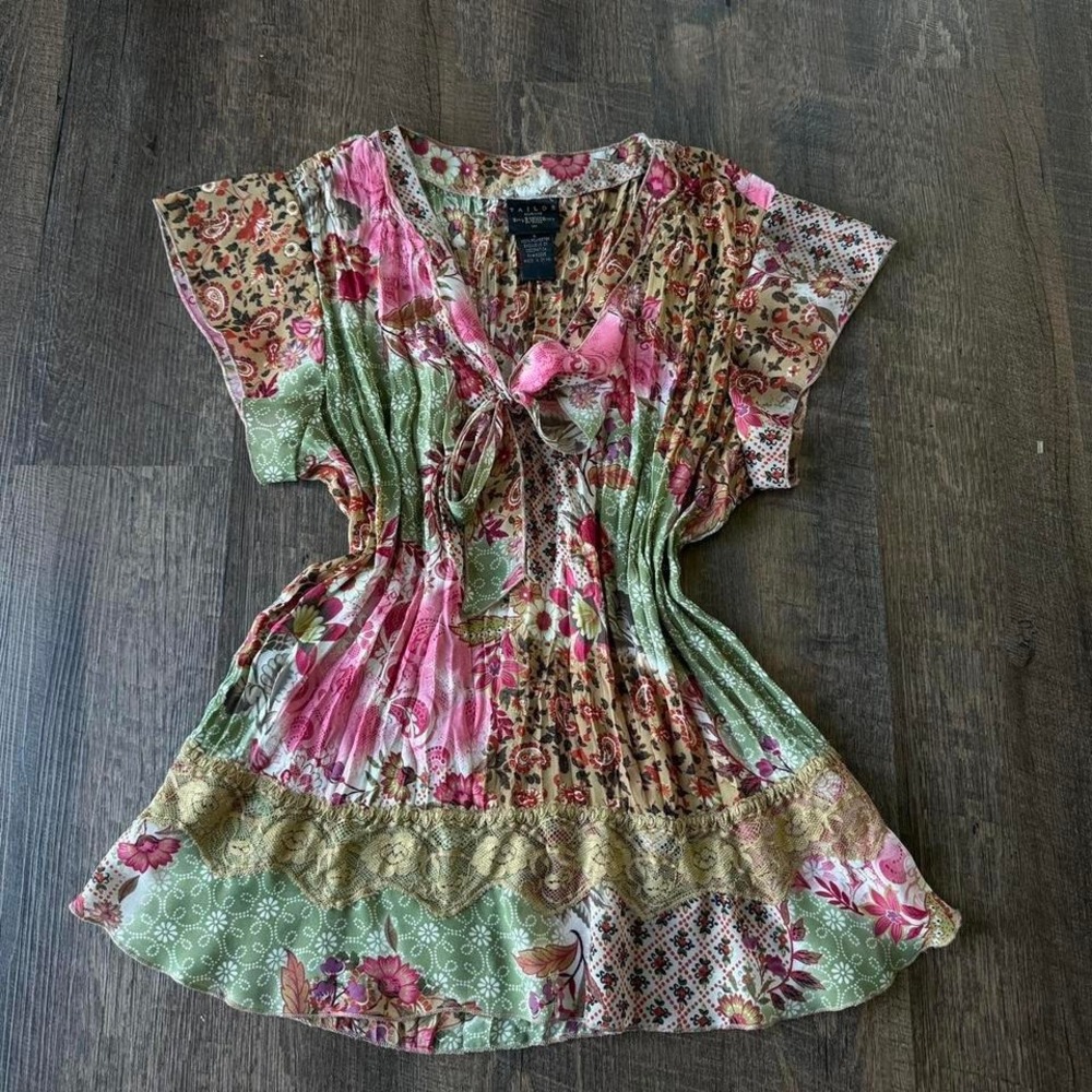 Vintage Patchwork Boho Floral Tie Front Blouse Cottagecore Fairy Top